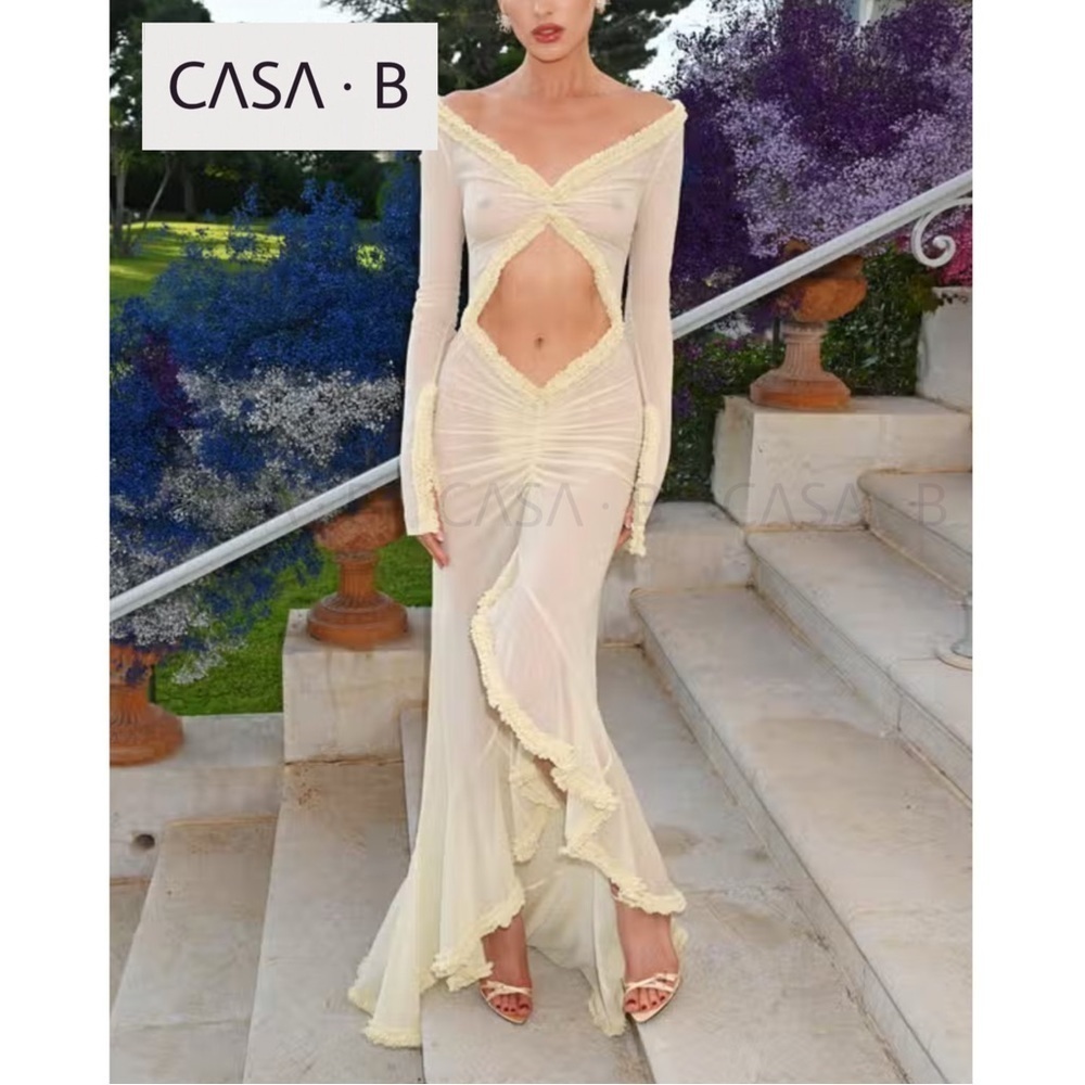 5⭐️CASA B| “Glamour de Cannes” Mesh Cut-Out Cream Sheer Frill Gown